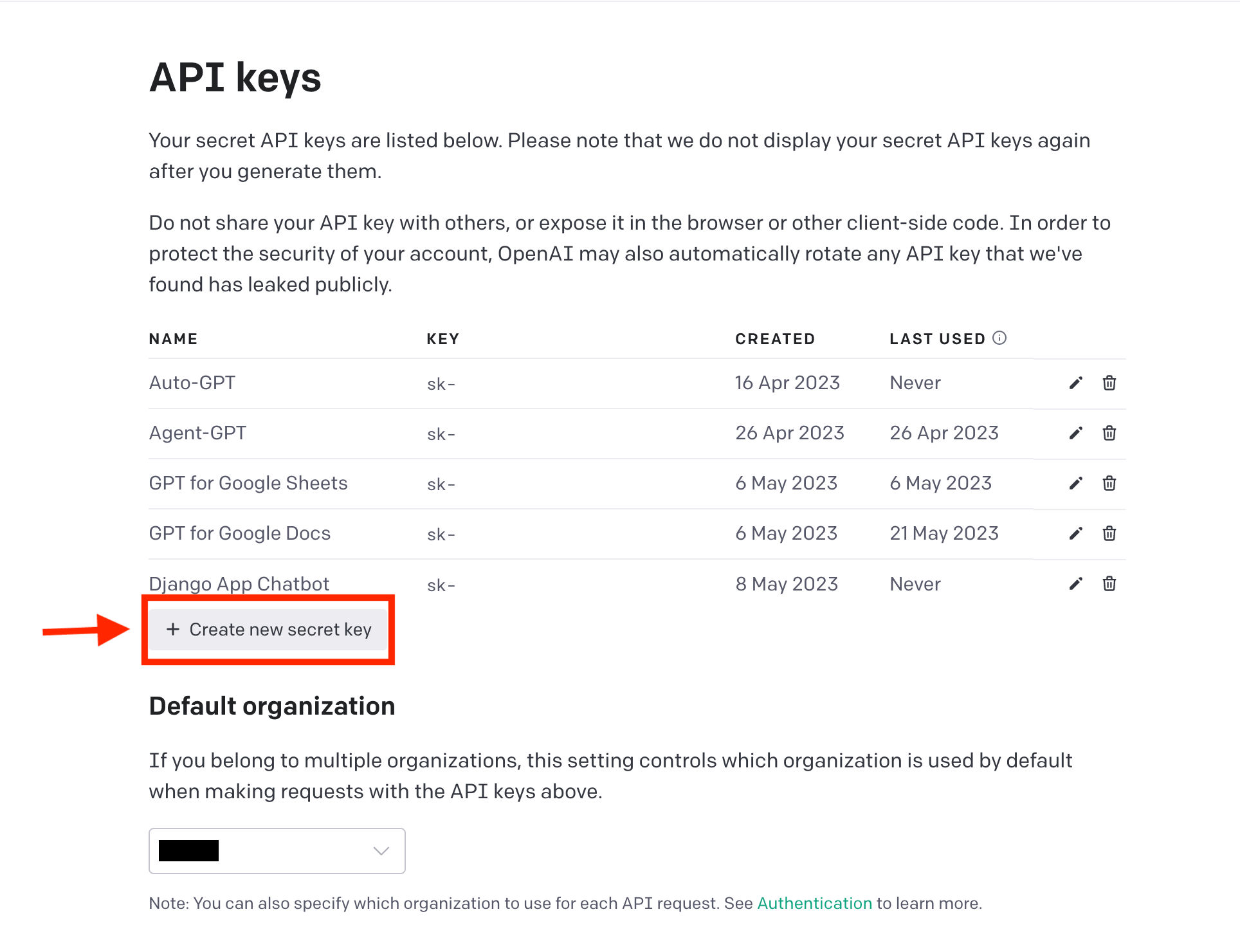 Create new Secret key page